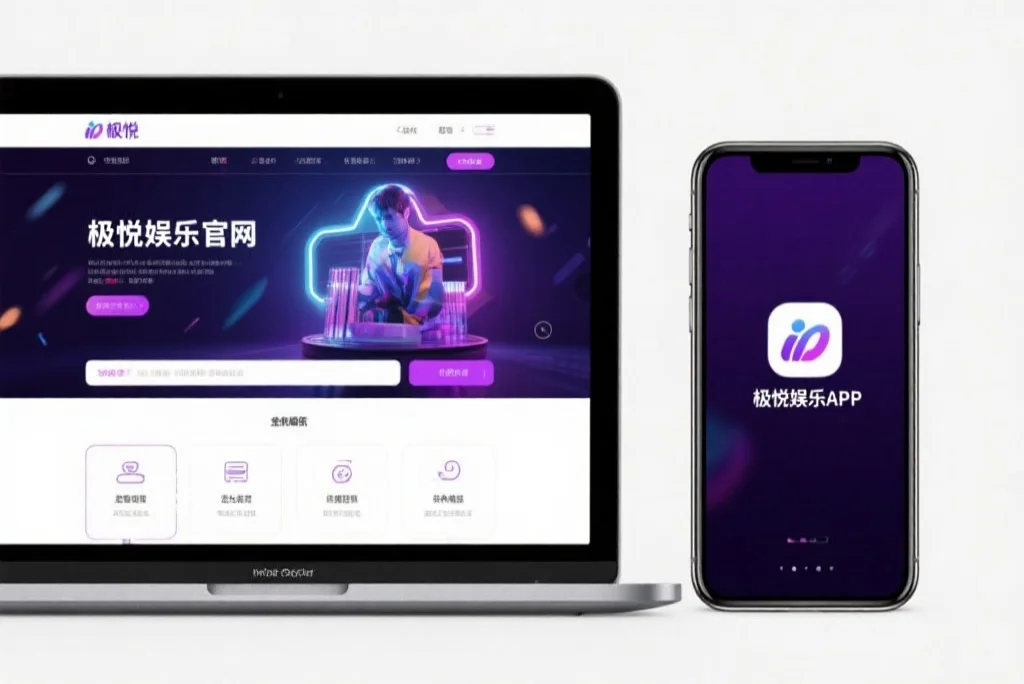 一台笔记本电脑屏幕上显示着富邦娱乐官网的界面，旁边是一部手机显示着富邦娱乐APP，两者并列对比